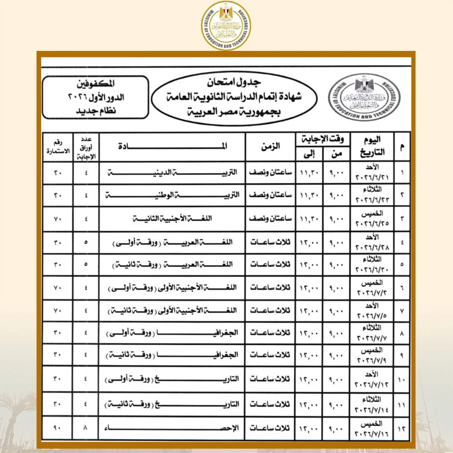 جدول امتحانات الثانوية العامة 2026 في مصر