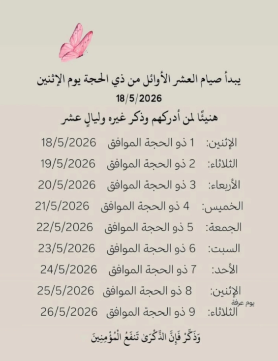 تاريخ صيام 10 ذي الحجة 2026